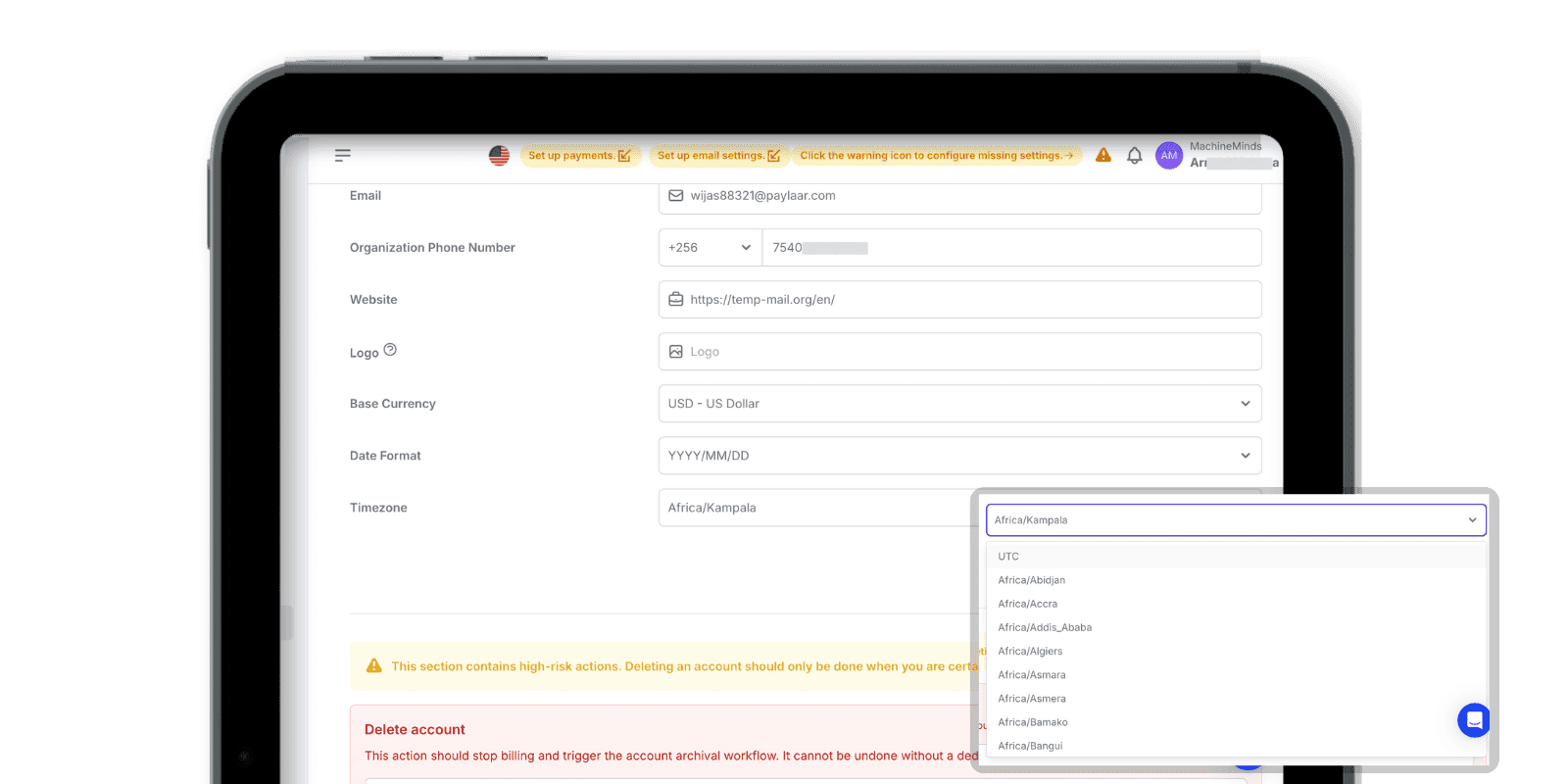 Admin Dashboard Timezone Settings