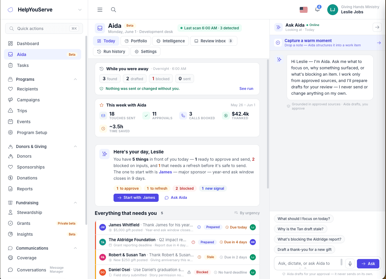 Aida Today: while you were away, the daily brief, and the work queue, with a capture chat on the right.